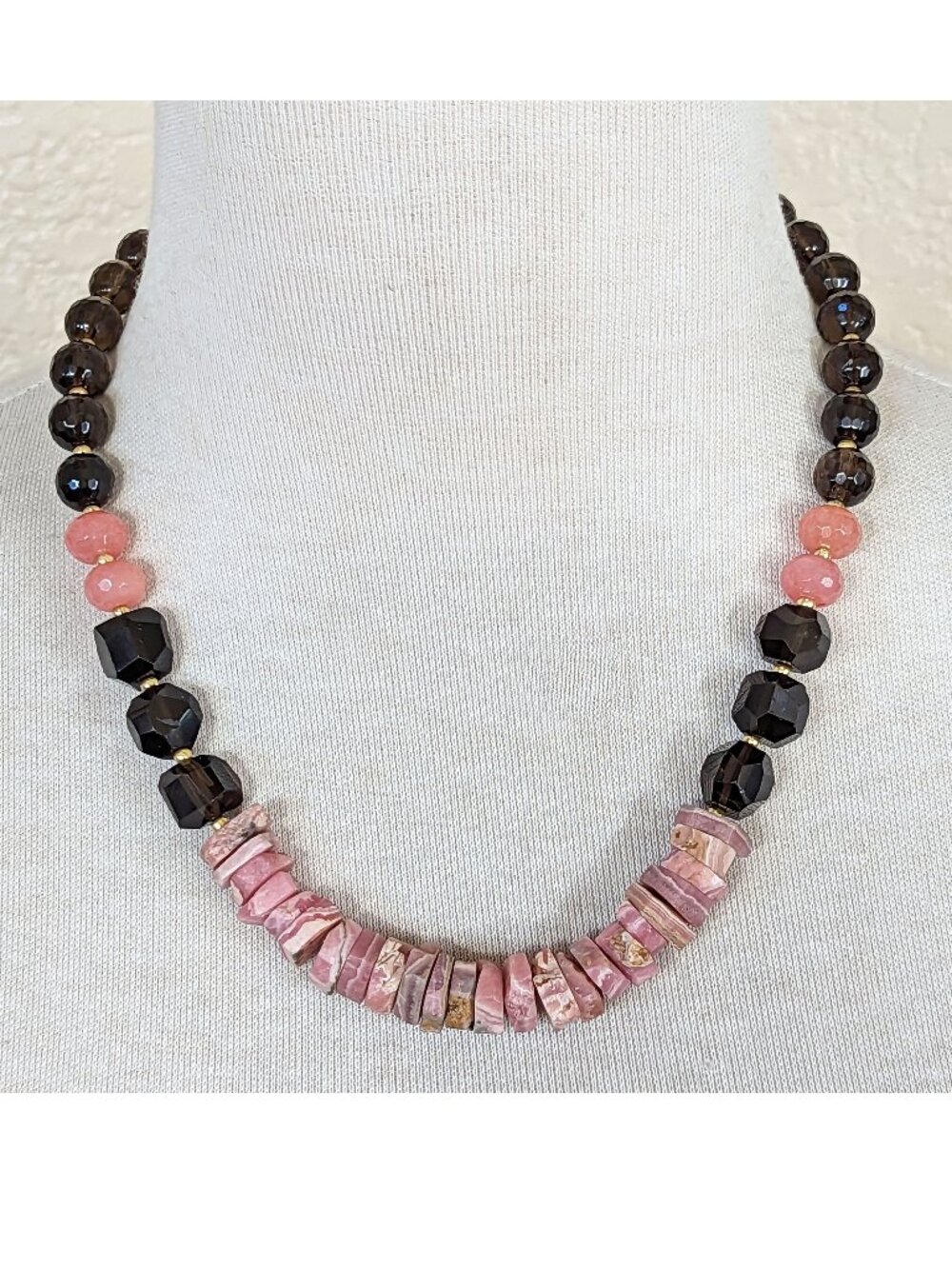 Coral & Blush Pink Rhodonite & Smoky Quartz Faceted Statement Necklace